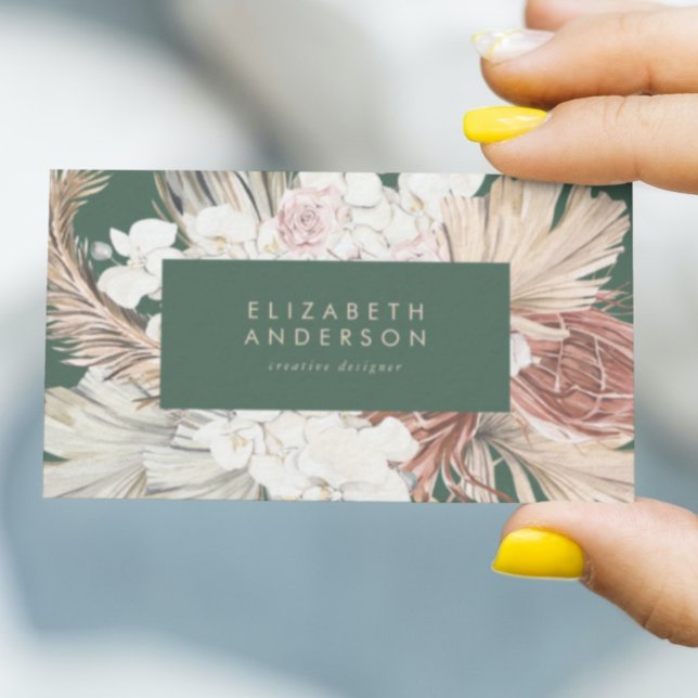Pampas Grass Floral Emerald Green Cream Business Card (Creator Uploaded)
