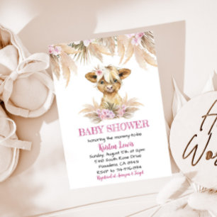 Pampas Grass Floral Highland Cow Boho Baby Shower  Invitation