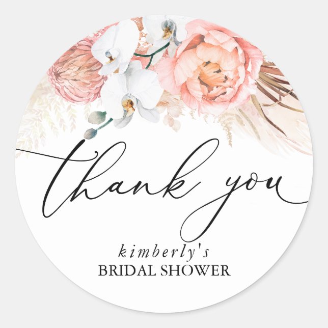 Pampas Grass Floral Pink Any Event Thank You Classic Round Sticker (Front)