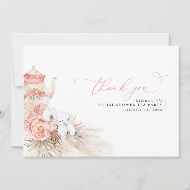 Pampas Grass Floral Pink Bridal Shower Thank You Card (Front)