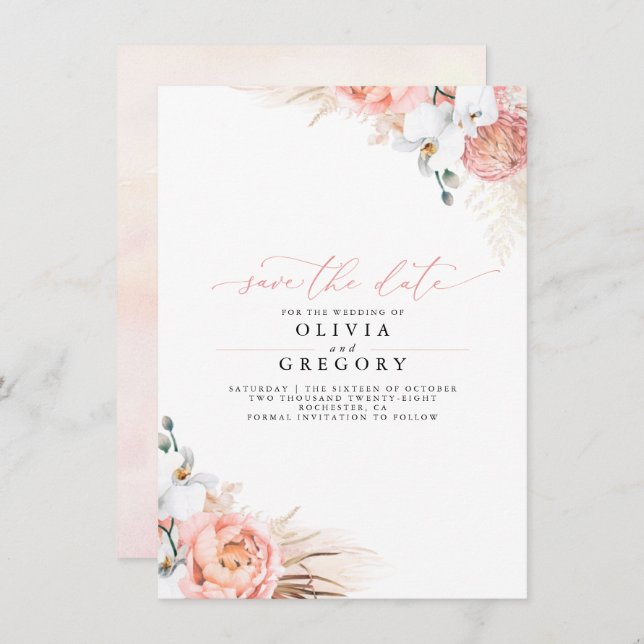 Pampas Grass Floral Pink Save the Date Announcement (Front/Back)