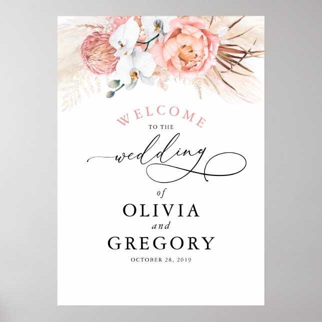Pampas Grass Floral Pink Wedding Welcome Poster (Front)