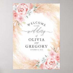Pampas Grass Floral Pink Wedding Welcome Poster