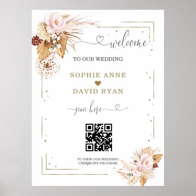 Pampas Grass Floral QR Code Wedding Welcome Sign (Front)