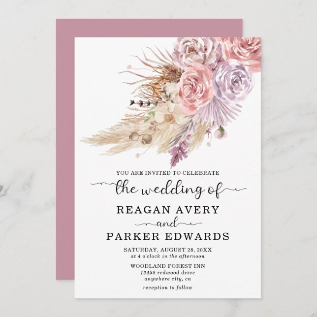Pampas Grass Floral Rose and Purple Wedding Invitation (Front/Back)