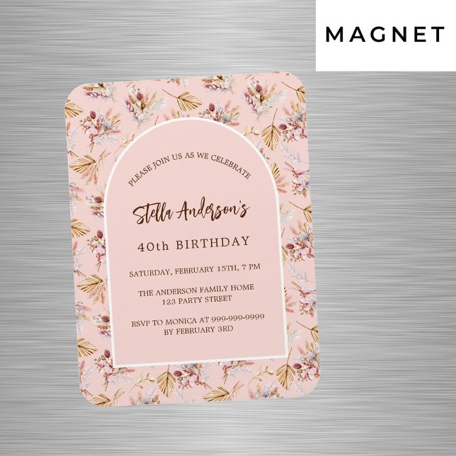 Pampas grass floral rose gold birthday invitation magnet (Creator Uploaded)