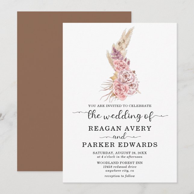 Pampas Grass Floral Rose Purple Wedding Invitation (Front/Back)