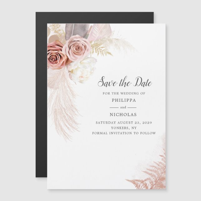 Pampas Grass Floral Script Wedding Save The Date Magnetic Invitation (Front/Back)