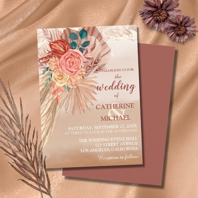 Pampas Grass Floral Terracotta Boho Chic Wedding Invitation (Creator Uploaded)