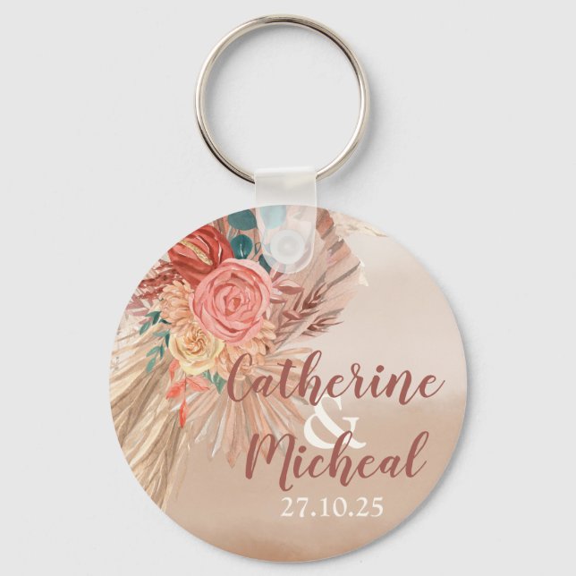 Pampas Grass Floral Terracotta Boho Chic Wedding Key Ring (Front)