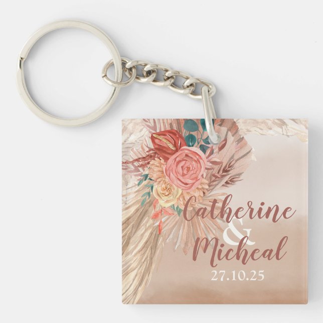 Pampas Grass Floral Terracotta Boho Chic Wedding Key Ring (Front)