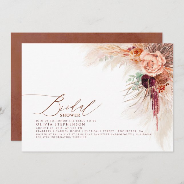 Pampas Grass Floral Terracotta Bridal Shower Invitation (Front/Back)
