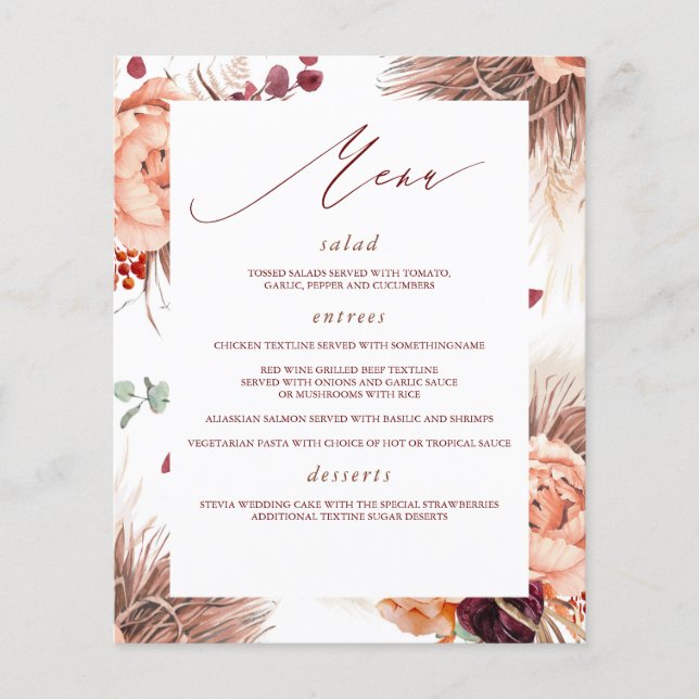 Pampas Grass Floral Terracotta Menu (Front)