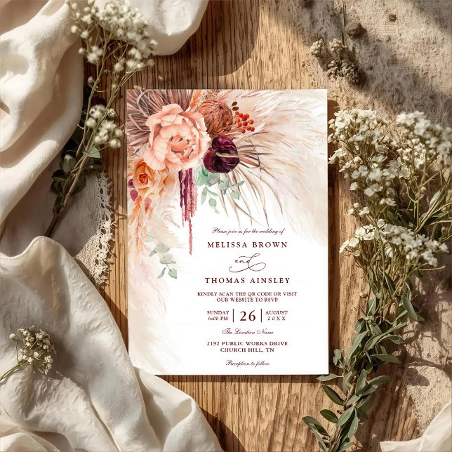 Pampas Grass Floral Terracotta QR Code Wedding Invitation (Creator Uploaded)