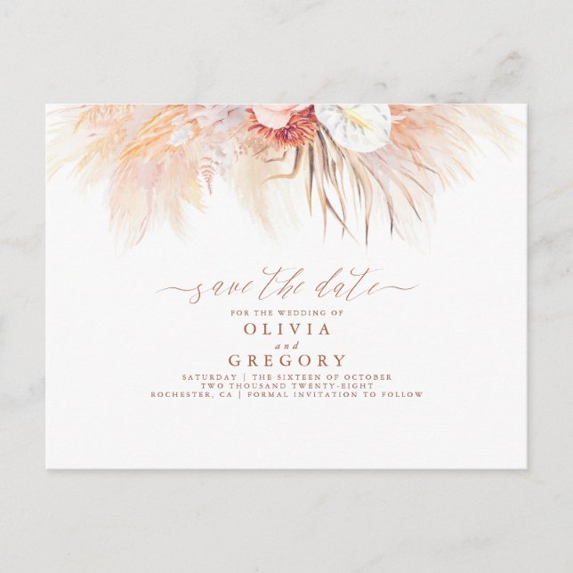 Pampas Grass Floral Terracotta Save the Date Announcement Postcard (Front)
