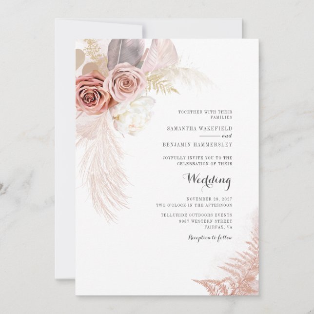 Pampas Grass Floral Terracotta Tan Palms Wedding Invitation (Front)