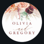 Pampas Grass Floral Terracotta Wedding Classic Round Sticker<br><div class="desc">Pampas grass floral terracotta wedding stickers</div>