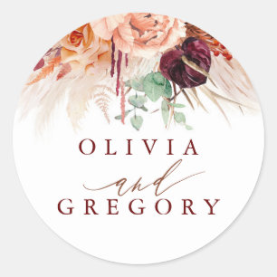 Pampas Grass Floral Terracotta Wedding Classic Round Sticker