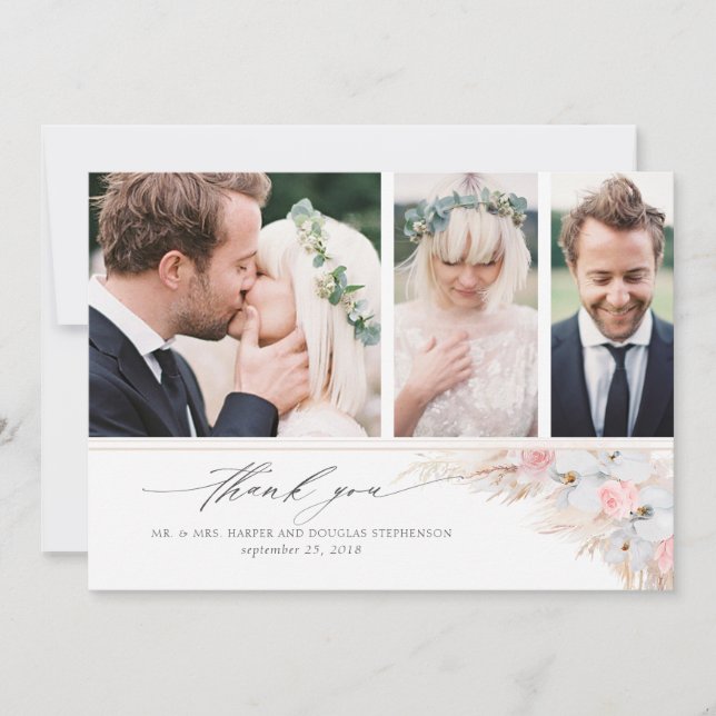 Pampas Grass Floral Wedding Thank You Photo Card (Front)