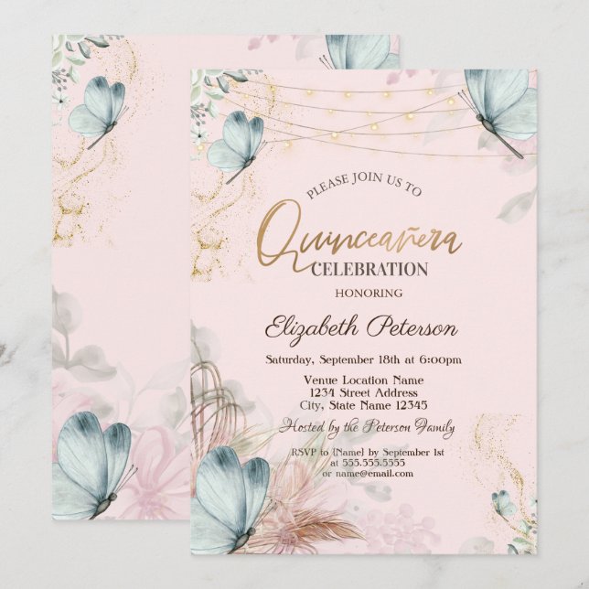 Pampas Grass Flowers Blue Butterflies Quinceañera  Invitation (Front/Back)