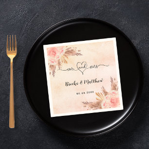 Pampas grass flowers boho  mr mrs heart wedding napkin