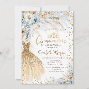Pampas Grass Flowers Dress Diamonds Quinceañera Invitation