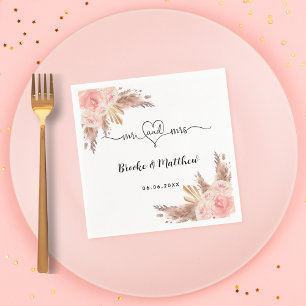 Pampas grass flowers mr mrs heart boho wedding napkin