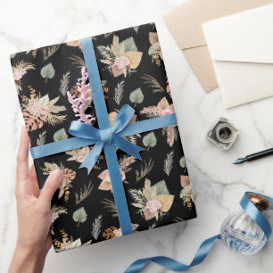 Pampas Grass & Flowers on Black Wrapping Paper
