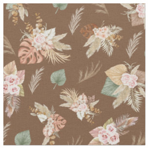 Pampas Grass & Flowers on Coffee Brown Fabric
