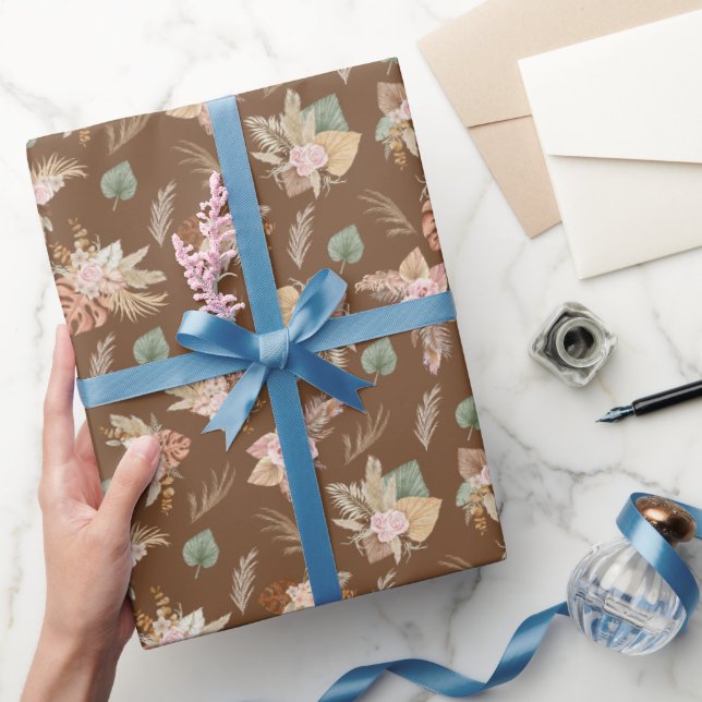Pampas Grass & Flowers on Coffee Brown Wrapping Paper (Gifting)
