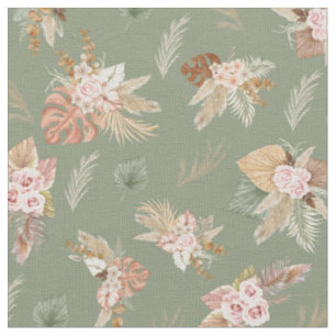 Pampas Grass & Flowers on Olive Green Fabric
