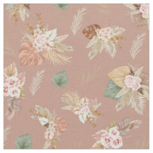 Pampas Grass & Flowers on Pinkish Brown Fabric