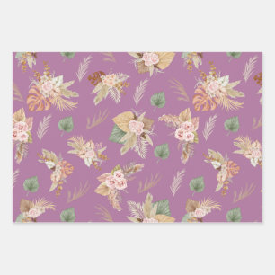 Pampas Grass & Flowers on Purple Wrapping Paper Sheet