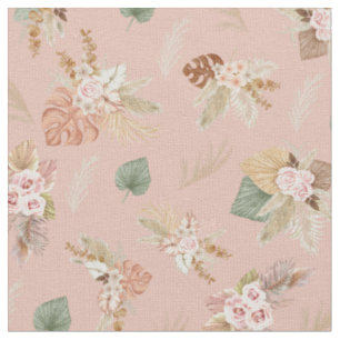 Pampas Grass & Flowers on Tea Rose Pink Fabric