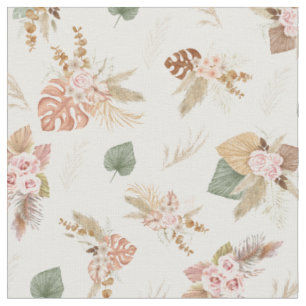 Pampas Grass & Flowers on White Fabric