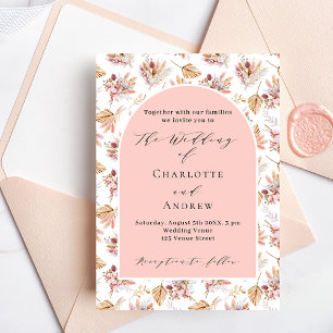 Pampas grass flowers rose gold boho script wedding invitation