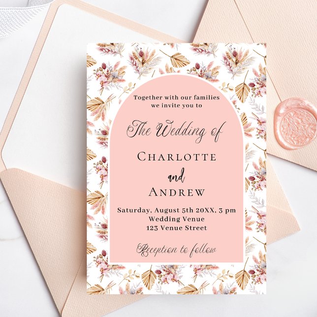 Pampas grass flowers rose gold boho wedding invitation postcard (Creator Uploaded)