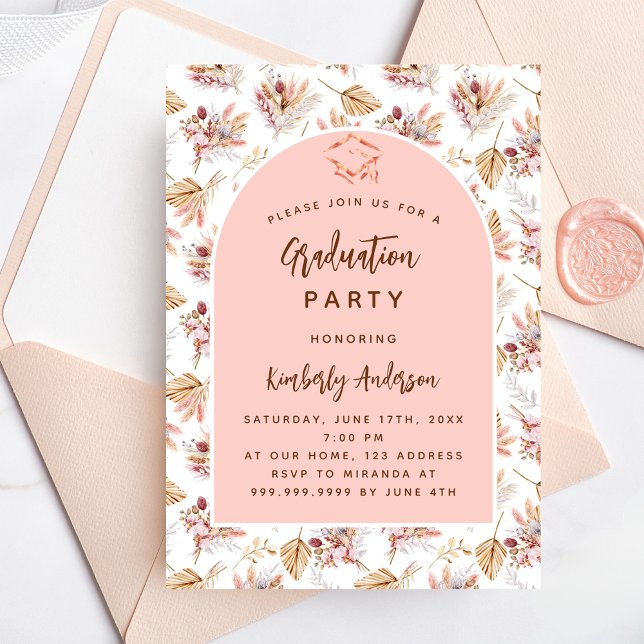 Pampas grass flowers rose gold graduation party invitation postcard (Creator Uploaded)