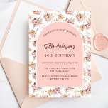 Pampas grass flowers rose gold luxury birthday invitation<br><div class="desc">An arch frame on a pattern of pampas grass and pink flowers and a golden cross.  Personalise and add a name and details.</div>