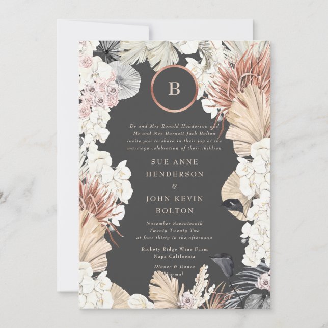 Pampas Grass Frame | Gold Foil Monogram | Charcoal Invitation (Front)