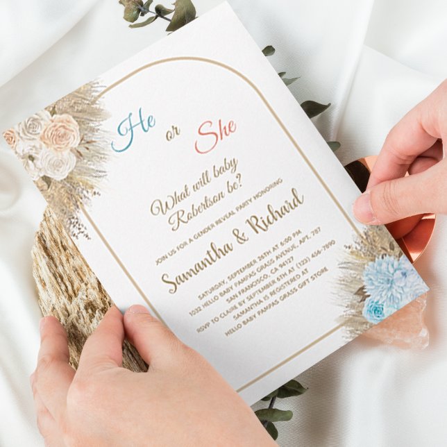 Pampas Grass Gender Reveal  He or She Boho Invitation (Creator Uploaded)