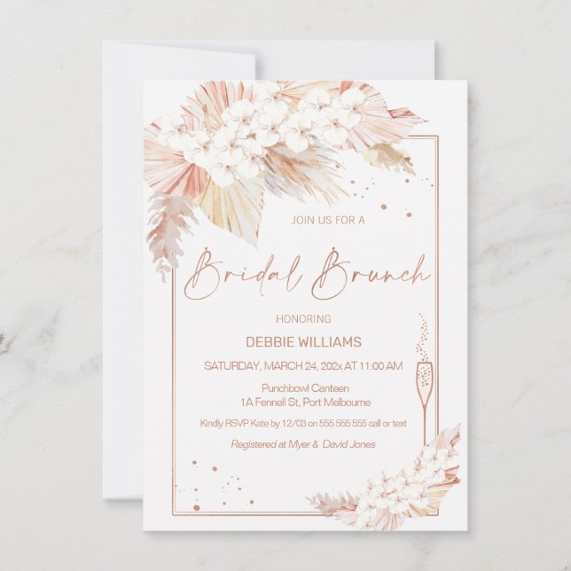 Pampas Grass Glass Bridal Brunch Shower Invitation (Front)