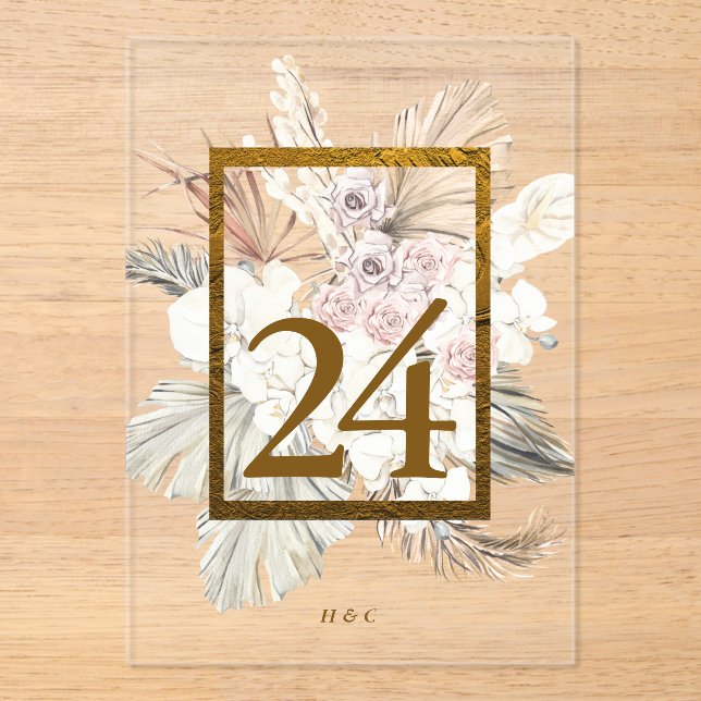 Pampas Grass Gold Boho Acrylic Table Number (Front)