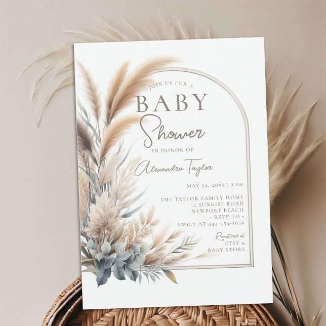 Pampas Grass Greenery Boho Neutral Baby Shower Invitation (pampas grass baby shower invitation gender neutral watercolor greenery botanical foliage boho chic)