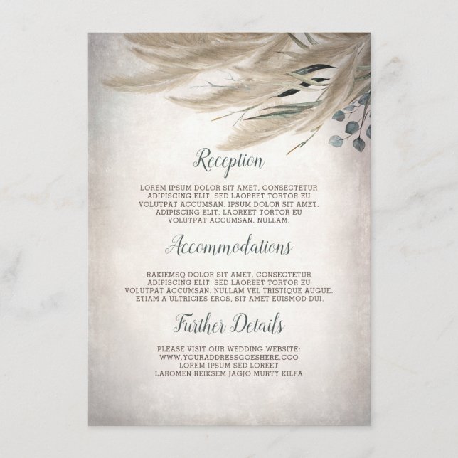 Pampas Grass Greenery Wedding Details Information Enclosure Card (Front)