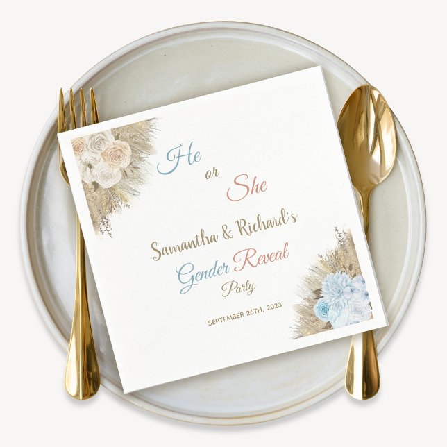 Pampas Grass He or She Gender Reveal Baby Shower Napkin (Creator Uploaded)