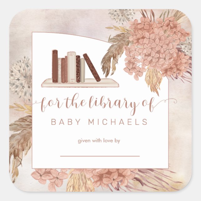 Pampas Grass | Hydrangeas Baby Shower Bookplate Square Sticker (Front)