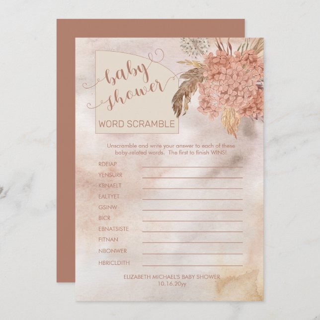 Pampas Grass |Hydrangeas Baby Shower Word Scramble Invitation (Front/Back)