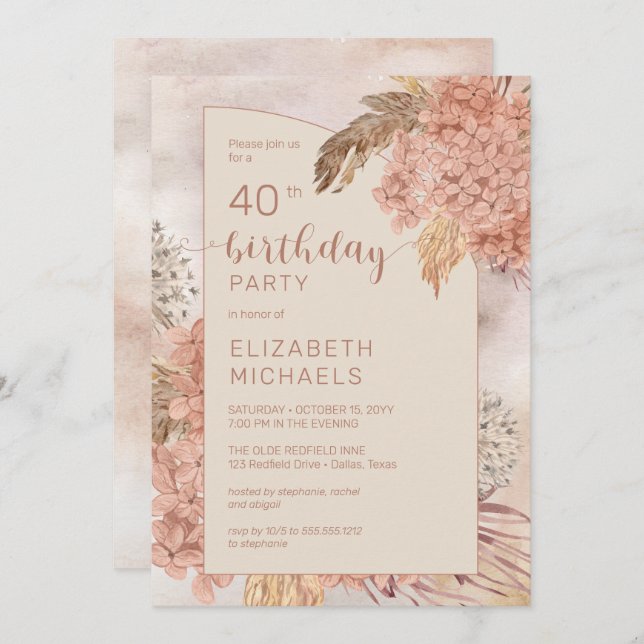 Pampas Grass Hydrangeas Blooms 40th Birthday Party Invitation (Front/Back)