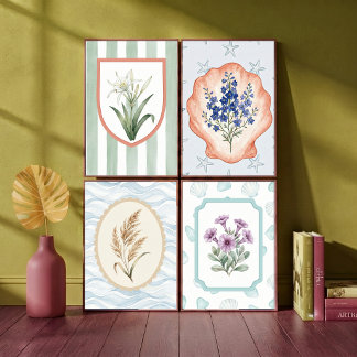 Pampas Grass in Scalloped Frame with Blue Waves Poster